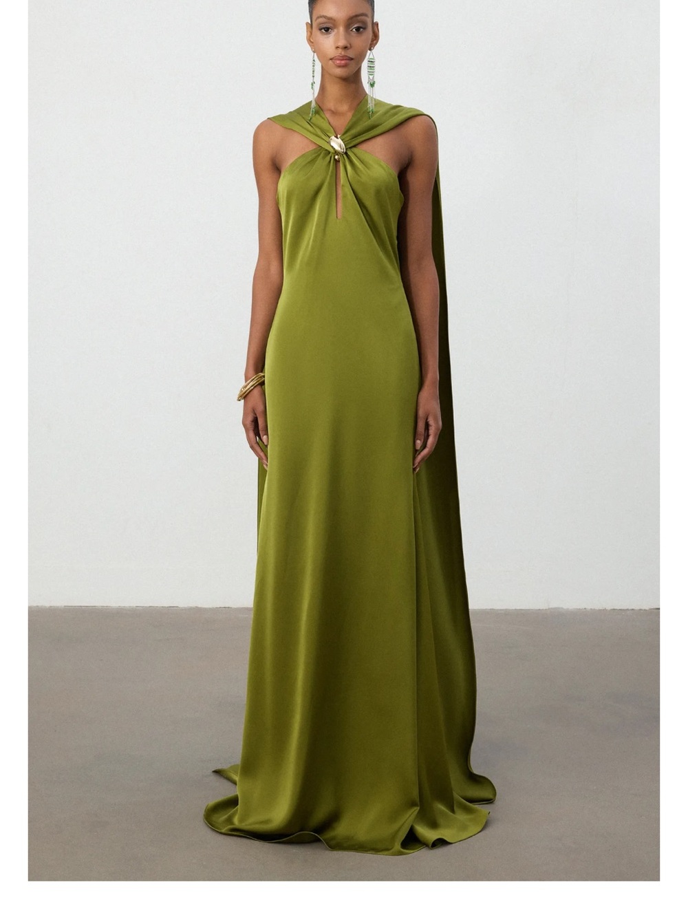 Olive Green Satin Cape Gown | Formal Wedding Guest Dress | Sky & Iris